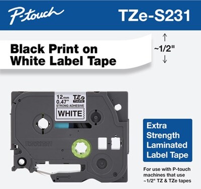 Brother P-touch TZe-S231 Laminated Extra Strength Label Maker Tape, 1/2" x 26-2/10', Black on White (TZe-S231)