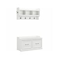 Bush Furniture Woodland 40W Shoe Storage Bench with Doors and Wall Mounted Coat Rack, White Ash (WDL