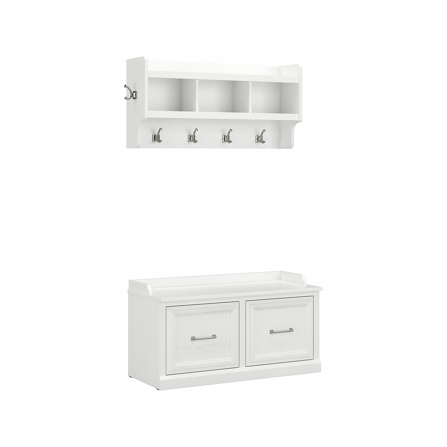 Bush Furniture Woodland 40W Shoe Storage Bench with Doors and Wall Mounted Coat Rack, White Ash (WDL003WAS)