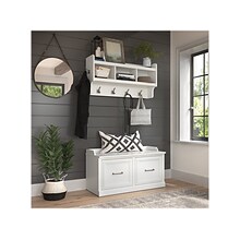Bush Furniture Woodland 40W Shoe Storage Bench with Doors and Wall Mounted Coat Rack, White Ash (WDL
