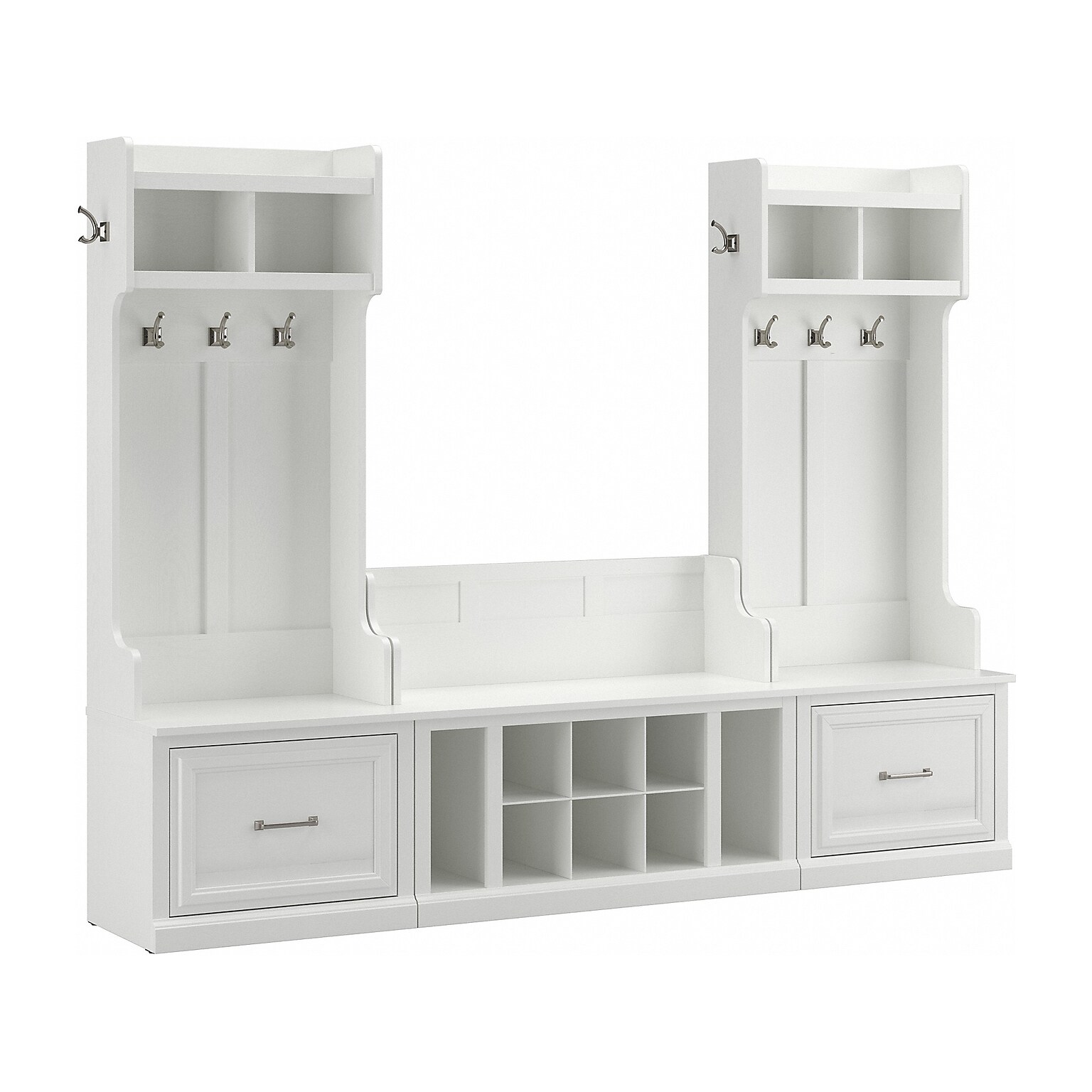 Bush Furniture Woodland Entryway Storage Set with Hall Trees and Shoe Bench with Drawers, White Ash (WDL012WAS)