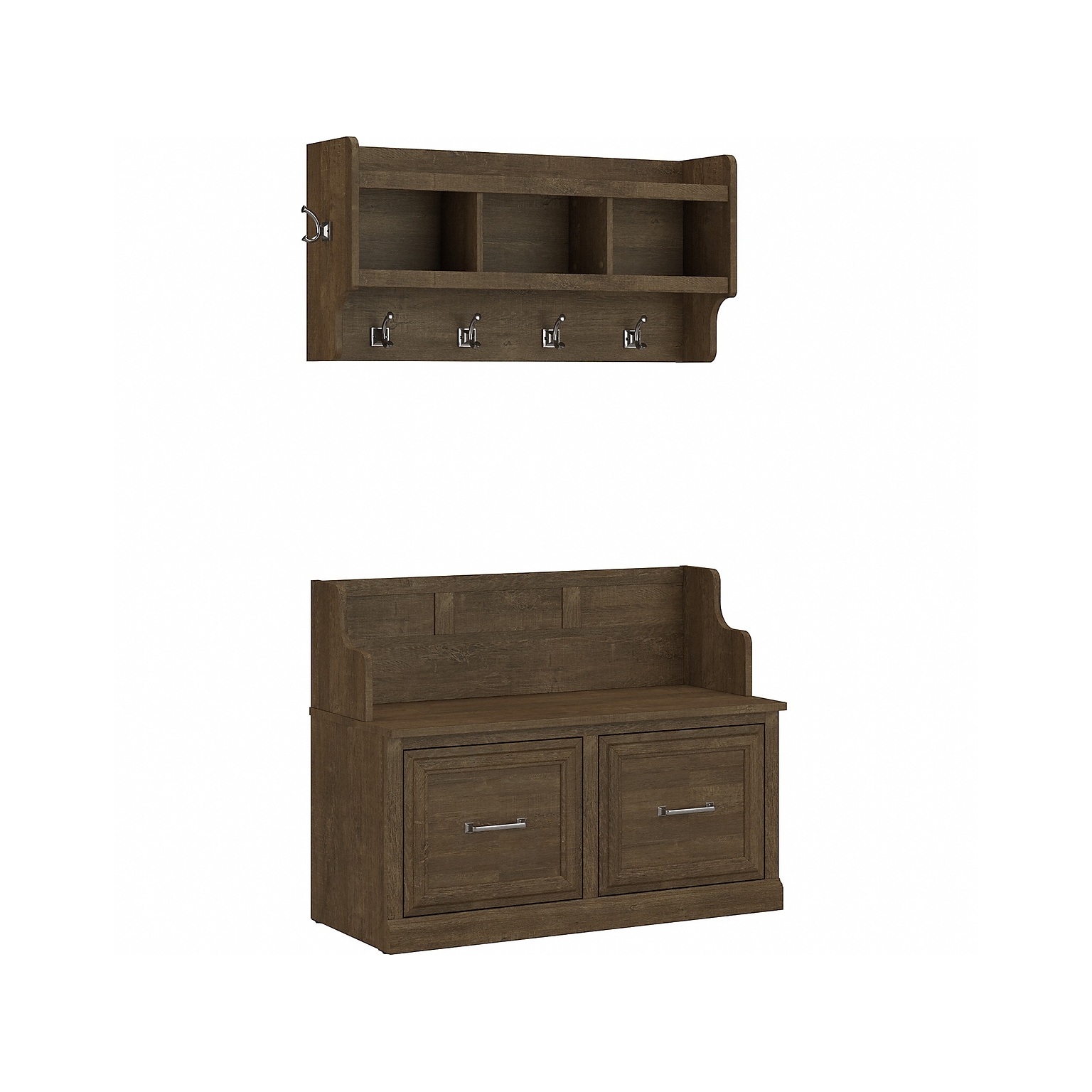 Bush Furniture Woodland 40W Entryway Bench with Doors and Wall Mounted Coat Rack, Ash Brown (WDL009ABR)