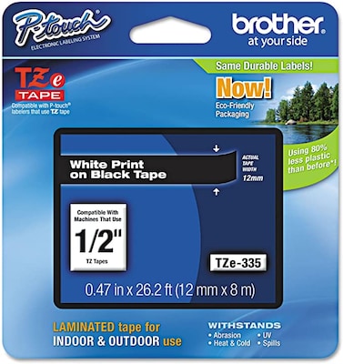 Brother P-touch TZe-335 Laminated Label Maker Tape, 1/2 x 26-2/10, White on Black (TZe-335)