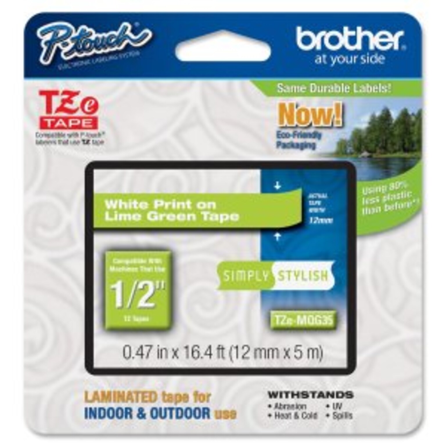 Brother P-touch TZe-MQG35 Laminated Label Maker Tape, 1/2 x 16-4/10, White on Lime Green (TZe-MQG35)