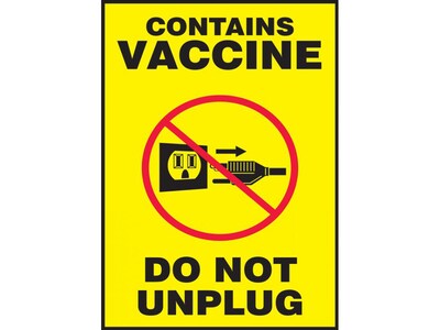 Accuform Contains Vaccine Do Not Unplug Adhesive Surface Label, 5 x 7, Yellow/Black/Red (MBDX505VS
