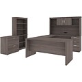 Bestar Logan 66 U-Shaped Executive Desk with Hutch, Lateral File Cabinet, and Bookcase, Bark Grey (
