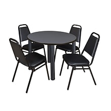 Regency Kee 36 Round Breakroom Table & 4 Restaurant Stack Chairs, Gray/Black (TB36RNDGYBPBK29BK)