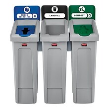 Rubbermaid Slim Jim Recycling Station Three Stream Landfill/Mixed Recycling/Compost, 23 Gal., Gray (