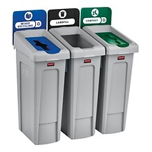 Rubbermaid Slim Jim Recycling Station Three Stream Landfill/Mixed Recycling/Compost, 23 Gal., Gray (