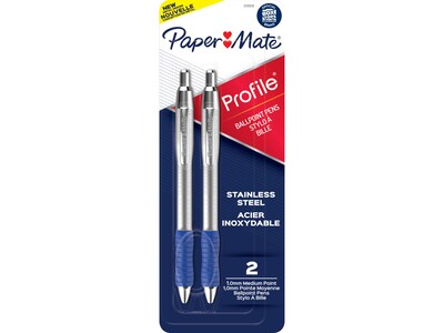 Paper Mate Profile Metal Barrel Retractable Ballpoint Pen, Medium Point, Blue Ink, 2/Pack (2130519)