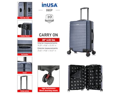 InUSA Deep 21.65" Hardside Carry-On Suitcase, 4-Wheeled Spinner, Blue (IUDEE00S-BLU)