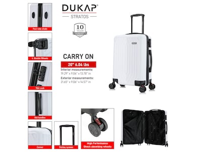 DUKAP Stratos 21.65" Hardside Carry-On Suitcase, 4-Wheeled Spinner, TSA Checkpoint Friendly, White (DKSTR00S-WHI)