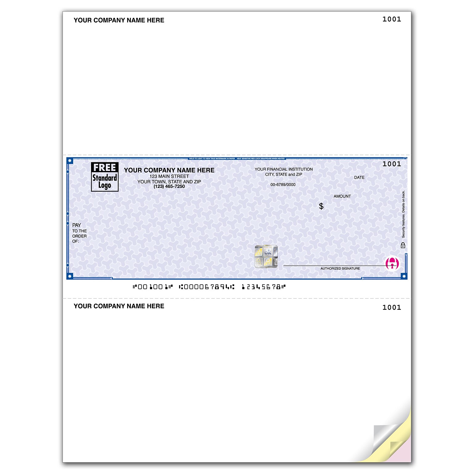 Custom High Security Laser Middle Check, 3 Ply/Triplicate, 1 Color Printing, 8-1/2 x 11, 500/Pk
