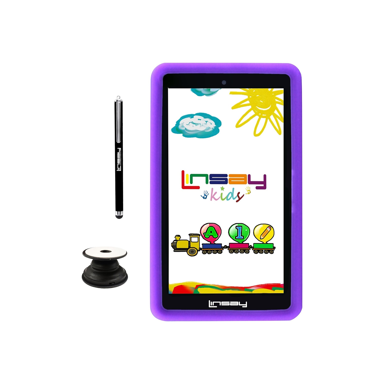 Linsay 7 Tablet with Holder, Pen, and Case, WiFi, 2GB RAM, 64GB Storage, Android 13, Purple/Black (F7UHDKIDSPURPLEP)