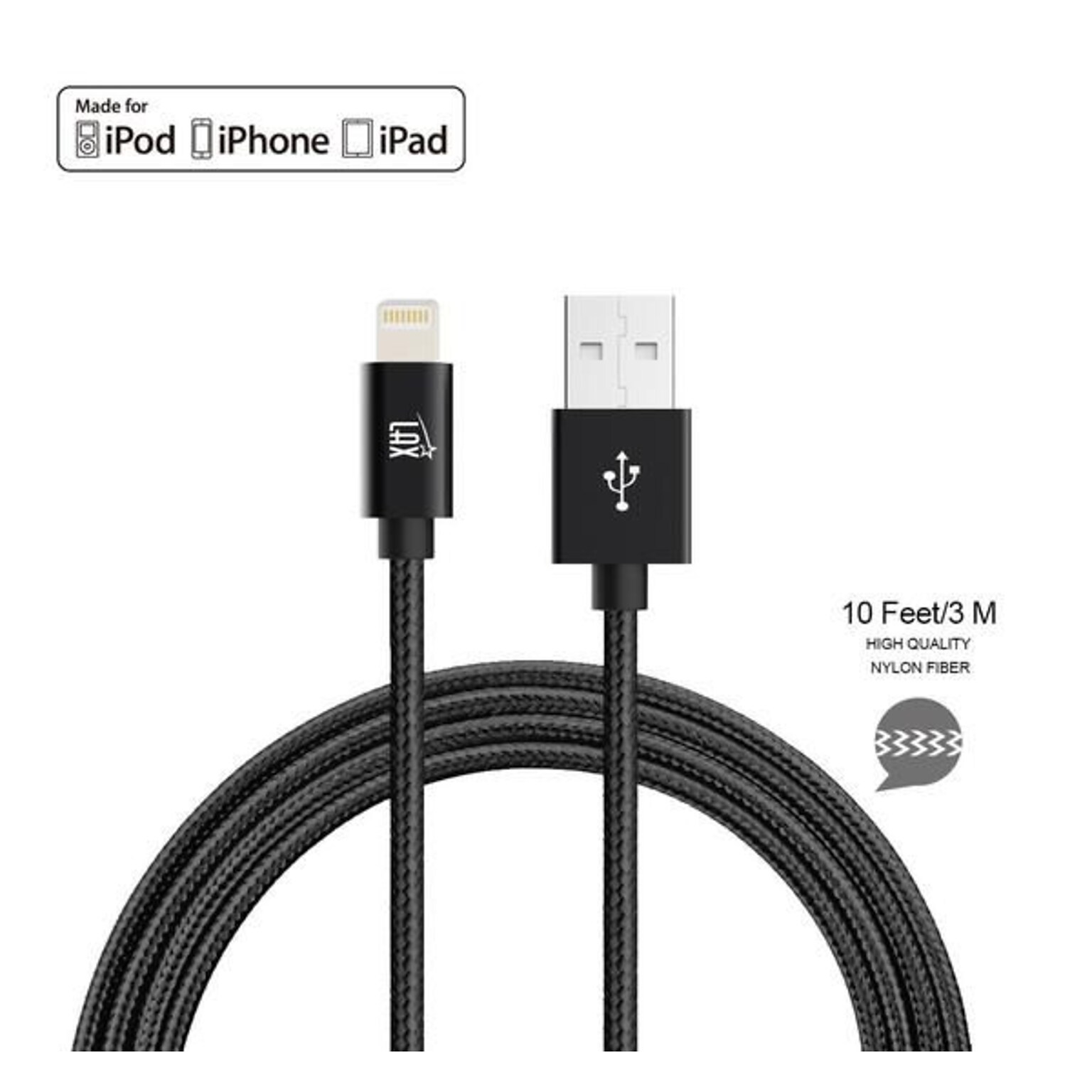 Apple Certified Durable Lightning Cable for iPhone, iPad, 10ft Black (LGHTMFI10FT-BLK)