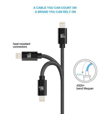 Apple Certified Durable Lightning Cable for iPhone, iPad, 10ft Black (LGHTMFI10FT-BLK)