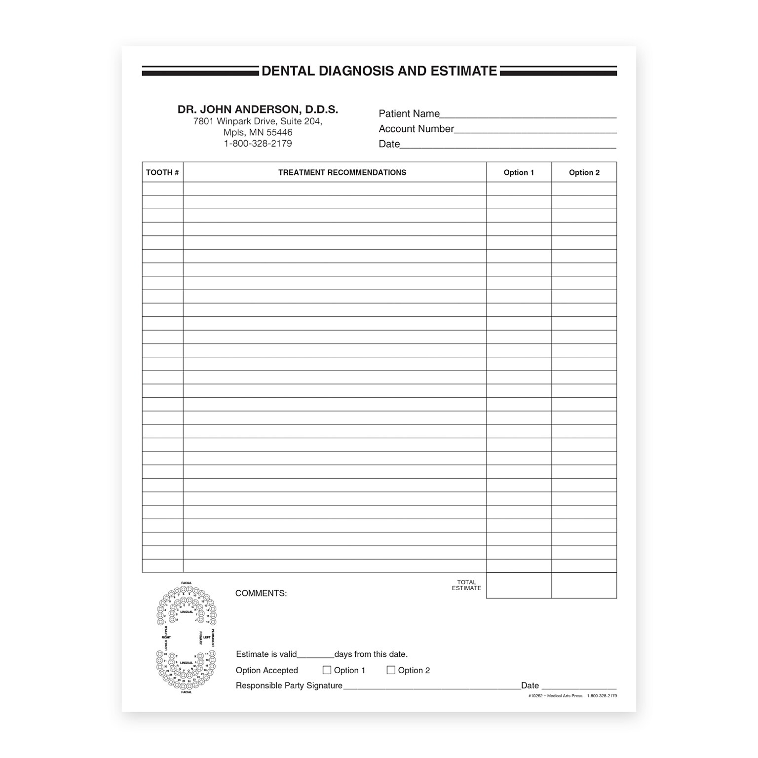 Custom Carbonless 2-Part Dental Diagnosis and Estimate Forms, 8-1/2 x 11, 250 Sheets per Pack
