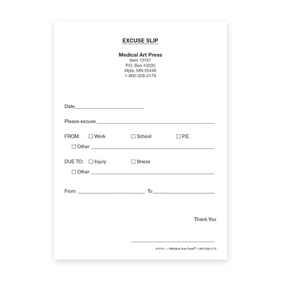 Custom Illness/Injury Excuse Slips, 4 x 5-1/2, 100 Sheets per Pad