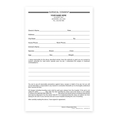 Custom Carbonless Veterinarian Surgical Consent Form, 5-1/2 x 8-1/2, 100 Sets per Pad