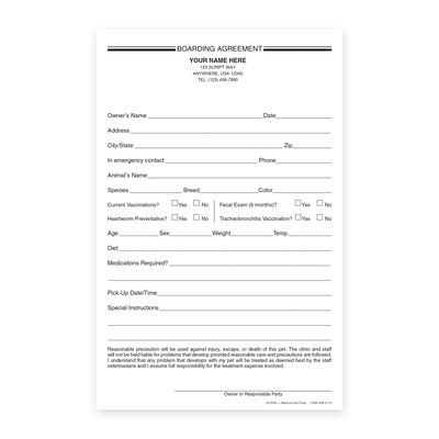 Custom Carbonless Veterinarian Boarding Agreement, 5-1/2 x 8-1/2, 100 Sets per Pad
