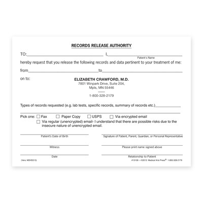 Custom Record Release Authority Slips, 5-1/2 x 4, 100 Sheets per Pad