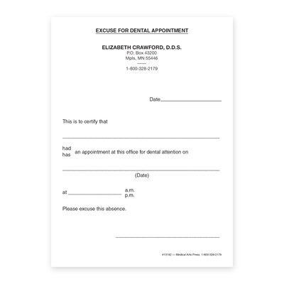 Custom Dental Appointment Excuse Slips, 4" x 5-1/2", 100 Sheets per Pad