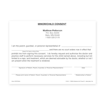 Custom Minor/Child Consent Form Slips, 5-1/2 x 4, 100 Sheets per Pad