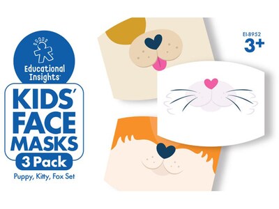 Educational Insights Reusable Face Mask, Kids, Puppy/Kitty/Fox, 3/Pack (8952)