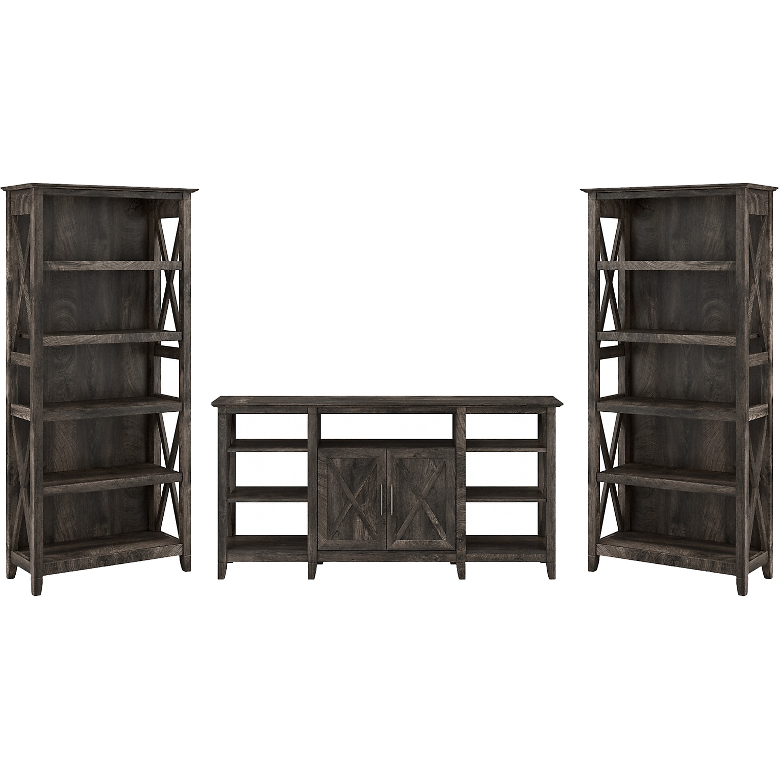 Bush Furniture Key West Tall TV Stand with Set of 2 Bookcases, Dark Gray Hickory, Screens up to 65 (KWS027GH)