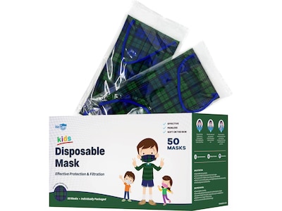 WeCare Disposable Face Mask, 3-Ply, Kids, Green Plaid, 50/Box (WMN100049)