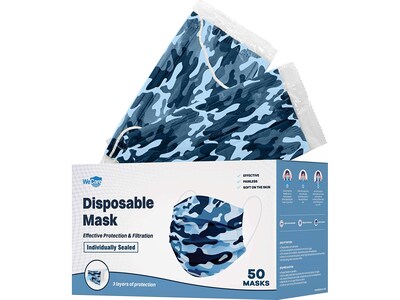 WeCare Individually Wrapped  Disposable Face Mask, 3-Ply, Adult, Blue Camo, 50/Box (WMN100071)