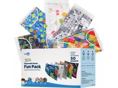 WeCare Fun Individually Wrapped Disposable Face Masks, 3-Ply, Kids, Assorted Colors, 50/Box (WMN1000