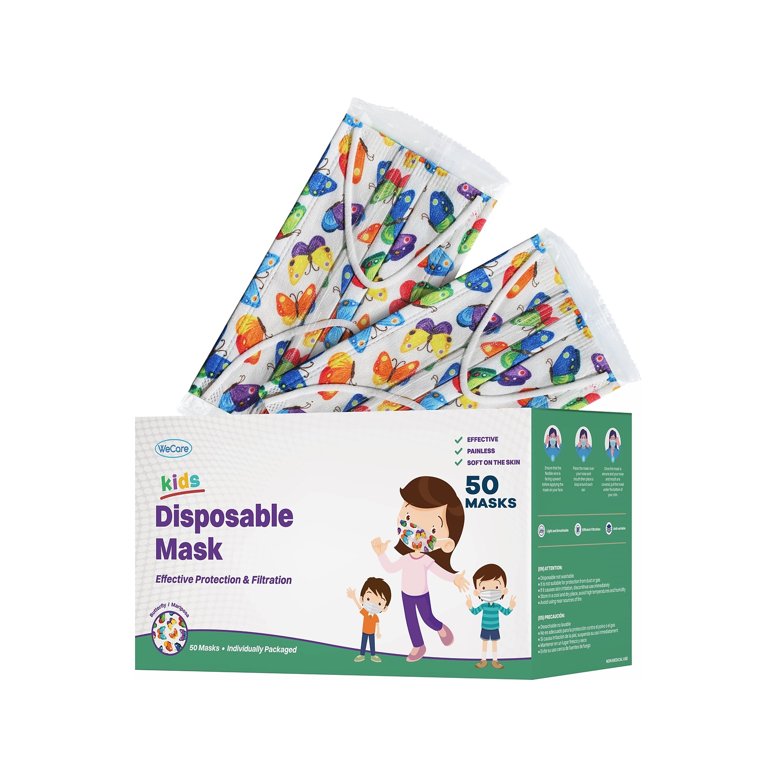 WeCare Individually Wrapped Disposable Face Mask, 3-Ply, Kids, Butterfly, 50/Box (WMN100075)