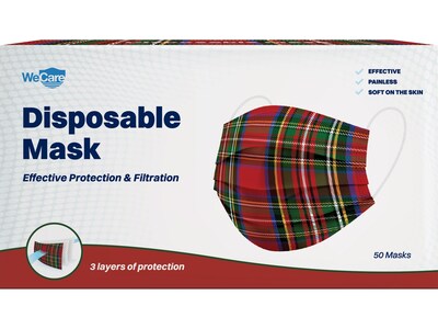 WeCare Individually Wrapped  Disposable Face Mask, 3-Ply, Adult, Red Plaid, 50/Box (WMN100050)