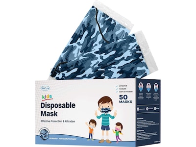 WeCare Individually Wrapped  Disposable Face Mask, 3-Ply, Kids, Blue Camo, 50/Box (WMN100042)