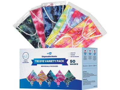 WeCare Individually Wrapped Disposable Face Masks, 3-Ply, Adult, Assorted Colors, 50/Box (WMN100060)