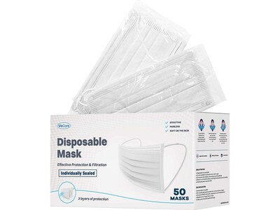 WeCare Individually Wrapped Disposable Face Mask, 3-Ply, Adult, White, 50/Box (WMN100018)