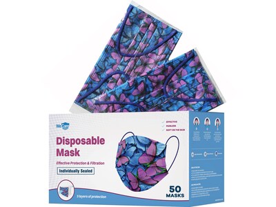 WeCare Individually Wrapped Disposable Face Mask, 3-Ply, Adult, Butterfly, 50/Box (WMN100074)