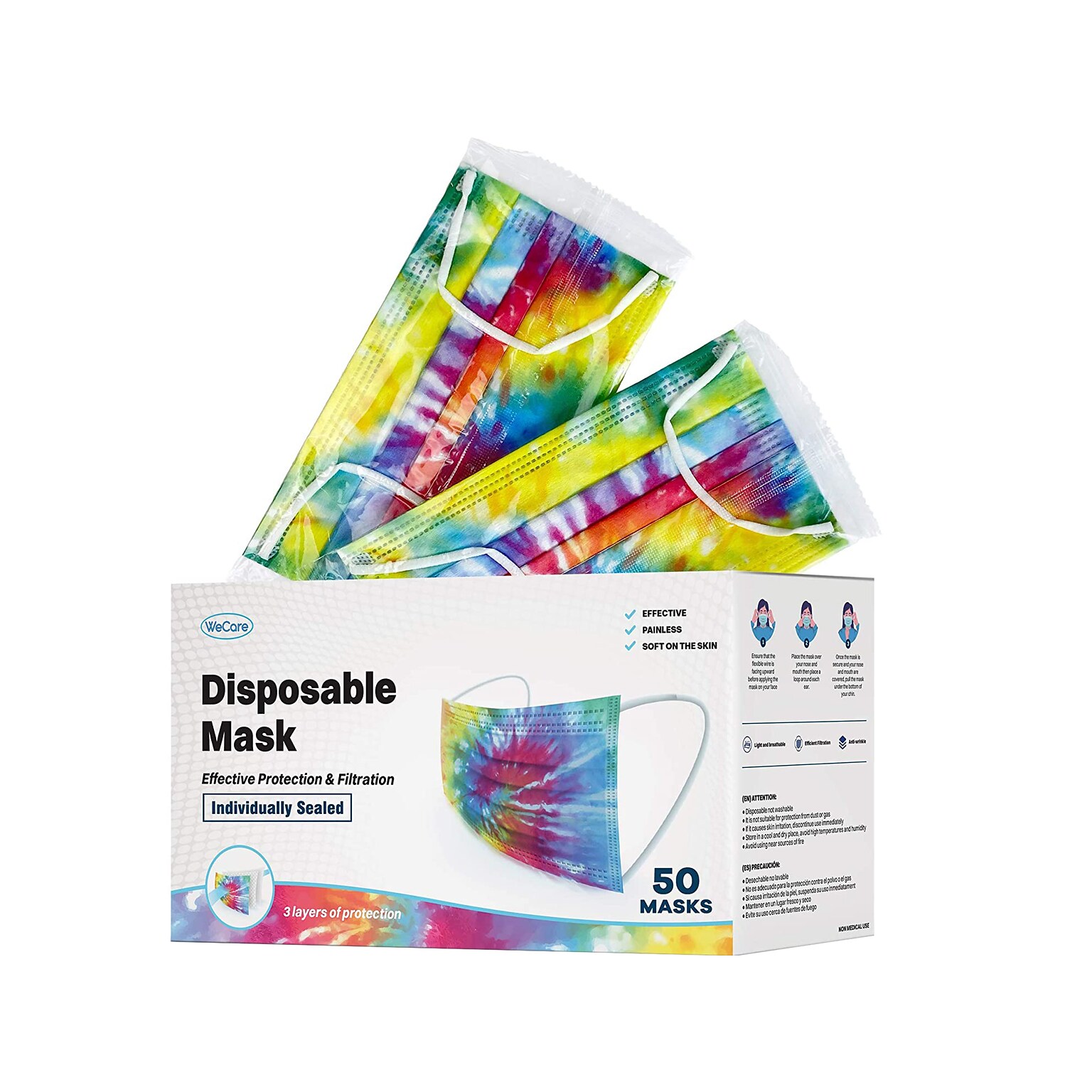 WeCare Disposable Face Mask, 3-Ply, Adult, Tie-Die, 50/Box (WMN100017)