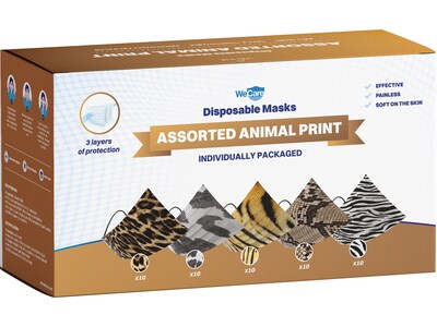 WeCare Individually Wrapped Disposable Face Masks, 3-Ply, Adult, Assorted Animal Prints, 50/Box (WMN