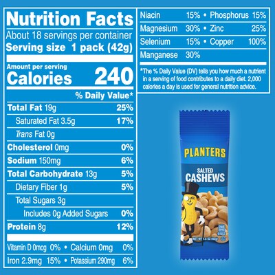 Planters Salted Cashews, 1.5 oz., 18 Bags/Pack (209-00626)