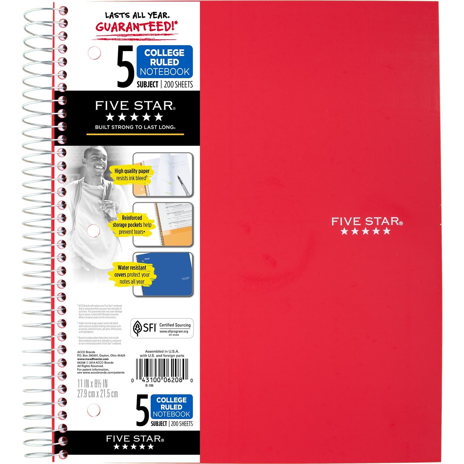 Five Star 5-Subject Notebook, 8.5 x 11, College Ruled, 200 Sheets, Red (72077)