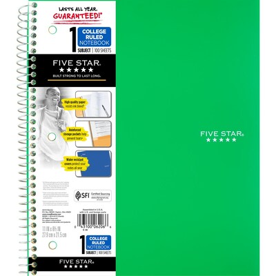 Five Star® Wirebound Notebook, 1-Subject Notebook, 8.5 x 11, College Ruled, 100 Sheets, Green (720