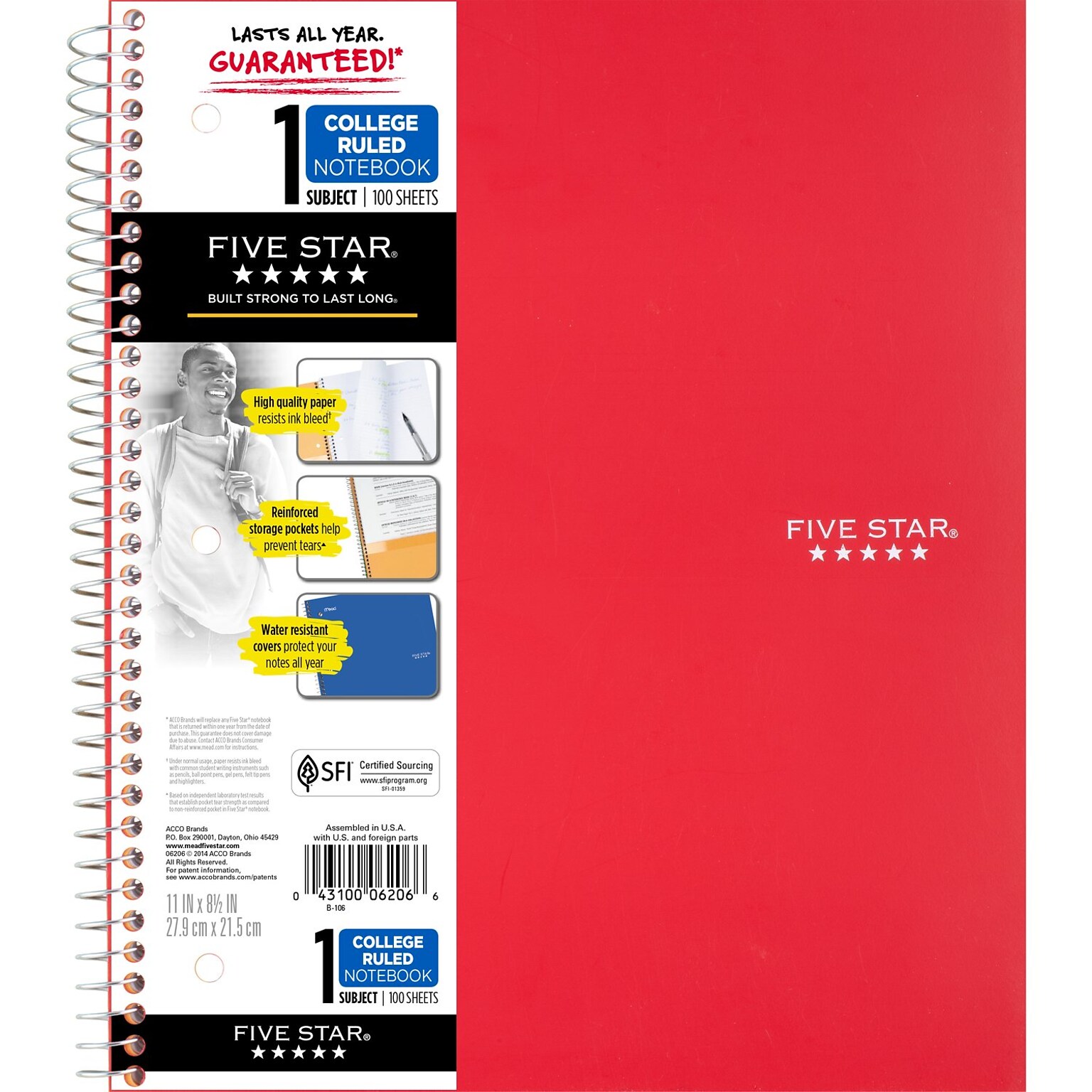 Five Star Wirebound Notebook, 1-Subject Notebook, 8.5 x 11, College Ruled, 100 Sheets, Red (72053)