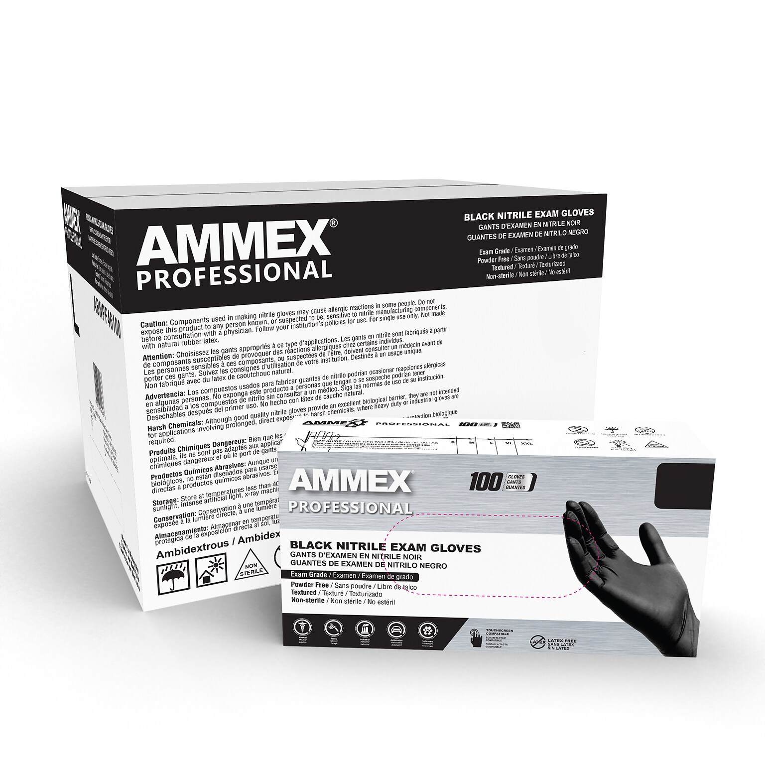 Ammex Professional Series Powder Free Nitrile Exam Gloves, Latex Free, XL, Black, 100/Box, 10/Carton (ABNPF48100-CC)