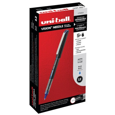 uni-ball Vision Needle Rollerball Pens, Micro Point, Blue Ink, 12/Pack (1734919)