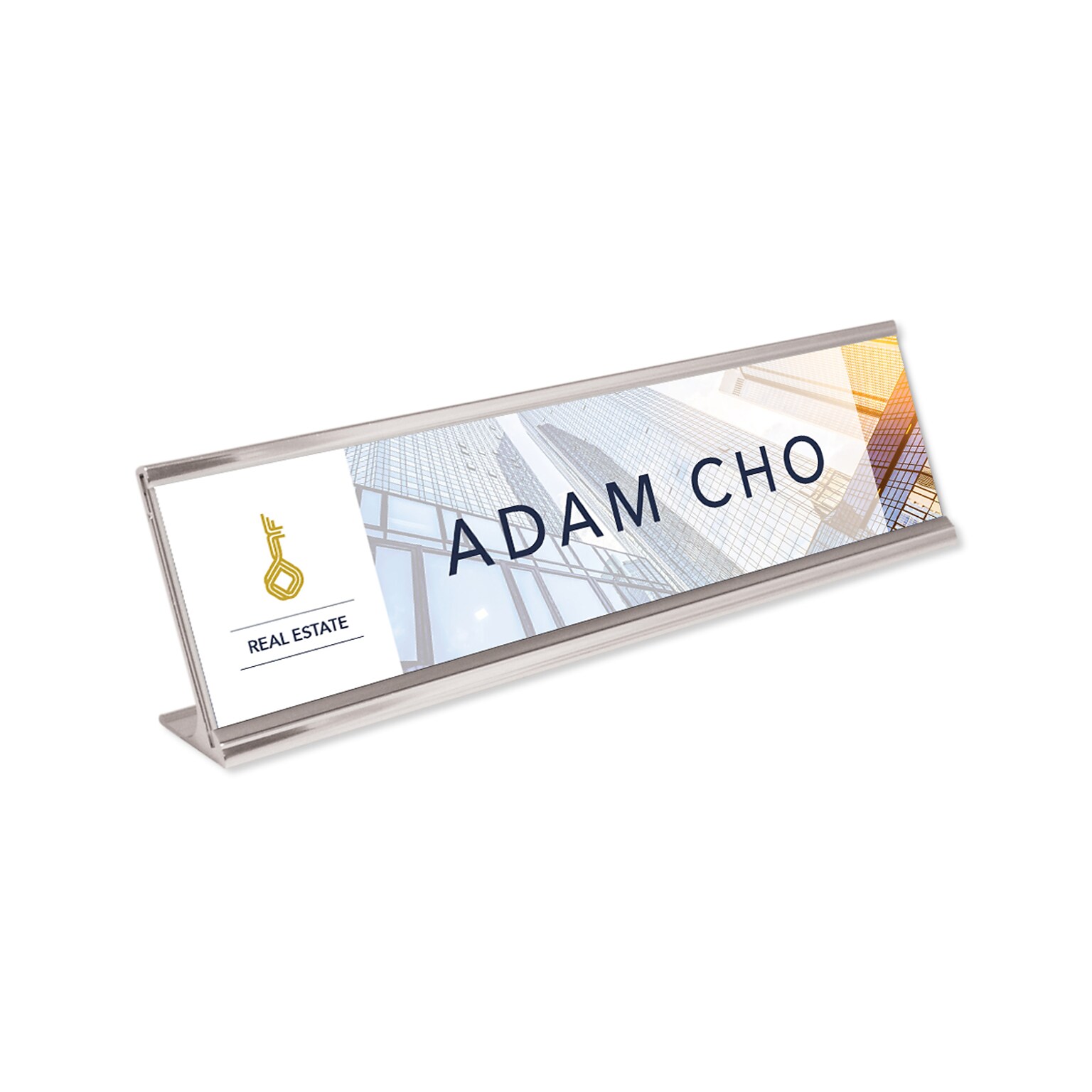 Custom Full Color Print On White Nameplate Sign with Metal Desk Holder, 2 x 8