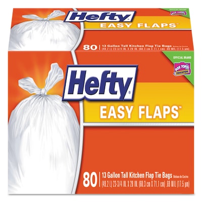 Hefty Easy Flaps 13 Gallon Trash Bag, 23.75 x 28, Low Density, 0.69 mil, White, 80 Bags/Box,  3 Bo