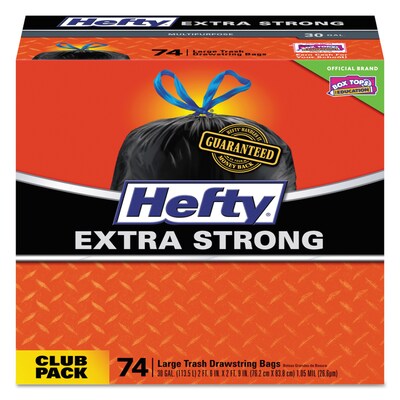 Hefty Ultra Strong 30 Gallon Kitchen Trash Bag, 30 x 33, Low Density, 1.1 mil, Black, 74 Bags/Box