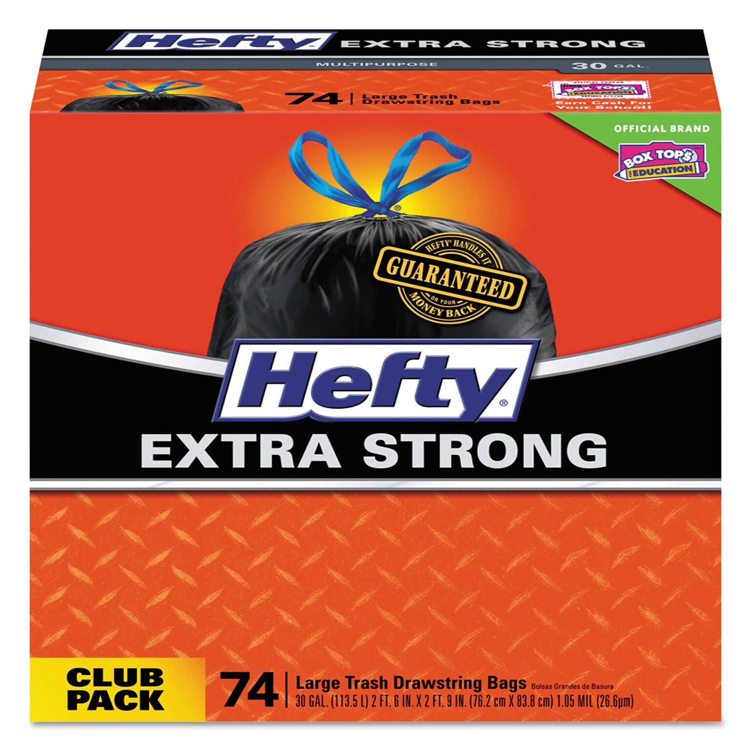 Hefty Ultra Strong 30 Gallon Kitchen Trash Bag, 30 x 33, Low Density, 1.1 mil, Black, 74 Bags/Box (PCTE85274)